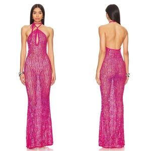 RETROFETE Massie Crochet Sequin Halter Neck Maxi Dress in Paradise Pink Sz M/L